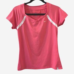 Nike Dri Fit Shirt Hot Pink V-Neck Mesh Back Medium Running Tennis Workout Top